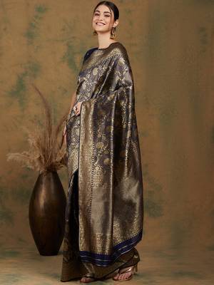Navy Blue Color Weaving Work Banarasi silk blend Saree With Blouse 2