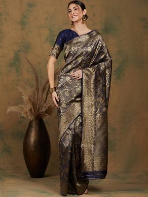 Navy Blue Color Weaving Work Banarasi silk blend Saree With Blouse 3