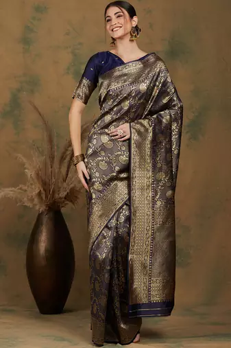 Navy Blue Color Weaving Work Banarasi silk blend Saree With Blouse