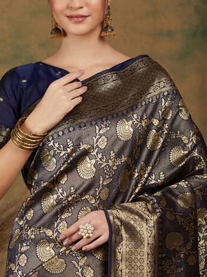 Navy Blue Color Weaving Work Banarasi silk blend Saree With Blouse 4