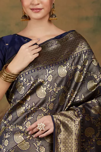 Navy Blue Color Weaving Work Banarasi silk blend Saree With Blouse