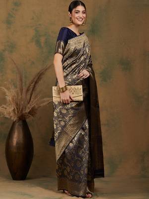 Navy Blue Color Weaving Work Banarasi silk blend Saree With Blouse 5