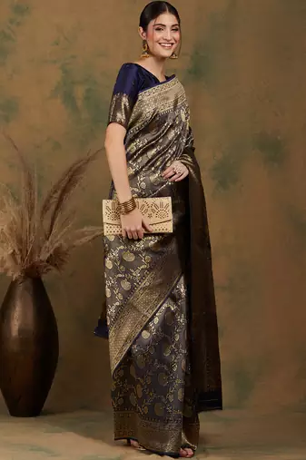 Navy Blue Color Weaving Work Banarasi silk blend Saree With Blouse