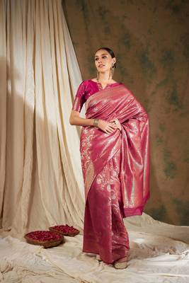 Pink Color Weaving Work Faux Banarasi Silk Saree With Blouse 2