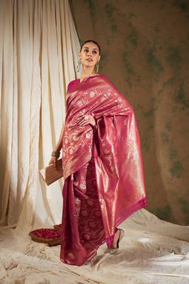 Pink Color Weaving Work Faux Banarasi Silk Saree With Blouse 3