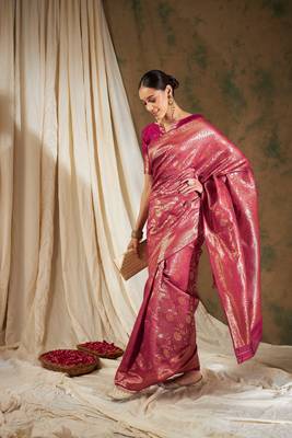 Pink Color Weaving Work Faux Banarasi Silk Saree With Blouse 4