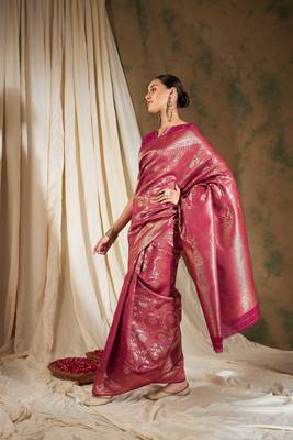 Pink Color Weaving Work Faux Banarasi Silk Saree With Blouse 5