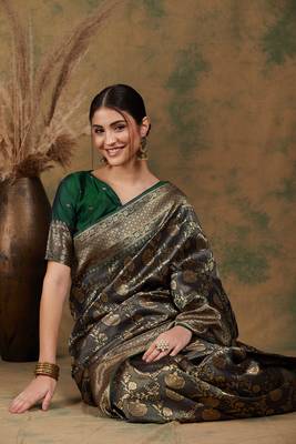 Mehandi Color Weaving Work Banarasi silk blend Saree With Blouse 1