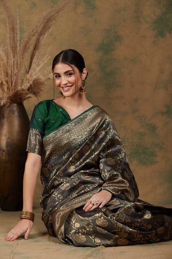 Mehandi Color Weaving Work Banarasi silk blend Saree With Blouse