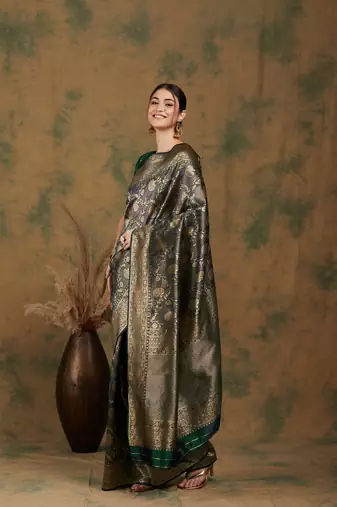 Mehandi Color Weaving Work Banarasi silk blend Saree With Blouse