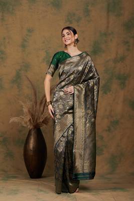 Mehandi Color Weaving Work Banarasi silk blend Saree With Blouse 3