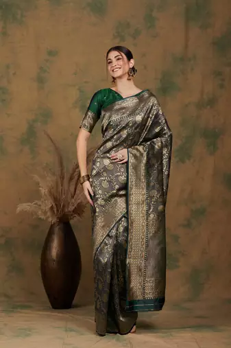 Mehandi Color Weaving Work Banarasi silk blend Saree With Blouse