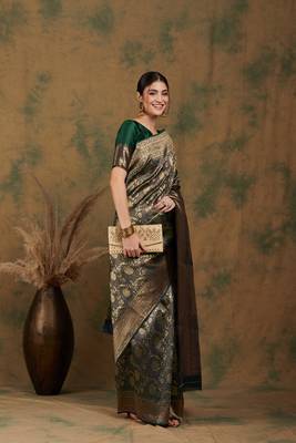 Mehandi Color Weaving Work Banarasi silk blend Saree With Blouse 4