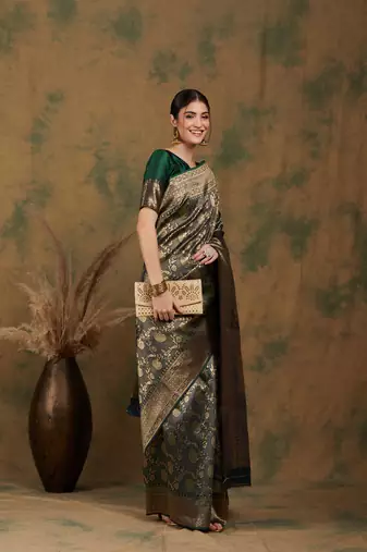 Mehandi Color Weaving Work Banarasi silk blend Saree With Blouse