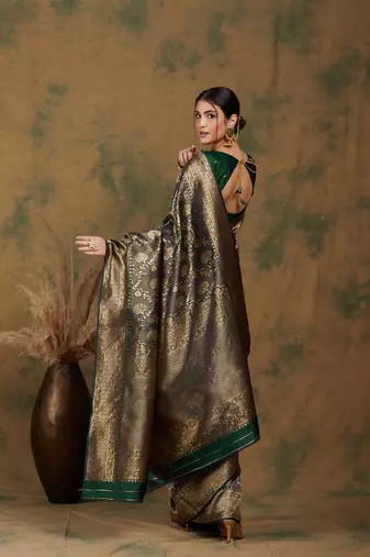 Mehandi Color Weaving Work Banarasi silk blend Saree With Blouse