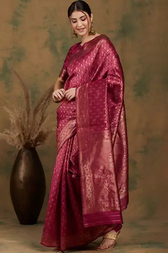 Shadow & Saining's Banarasi silk blend Zari Woven Wine Maroon Saree