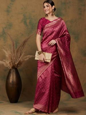 Shadow & Saining's Banarasi silk blend Zari Woven Wine Maroon Saree 5