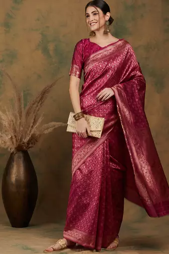 Shadow & Saining's Banarasi silk blend Zari Woven Wine Maroon Saree