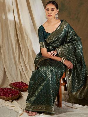 Mehandi color weaving work Banarasi silk blend saree with blouse 1