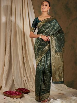 Mehandi color weaving work Banarasi silk blend saree with blouse 2