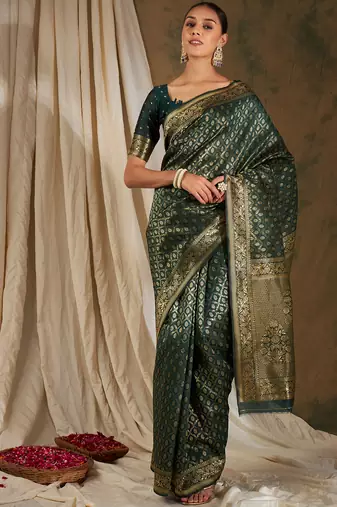 Mehandi color weaving work Banarasi silk blend saree with blouse