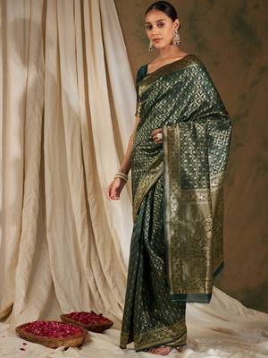 Mehandi color weaving work Banarasi silk blend saree with blouse 3