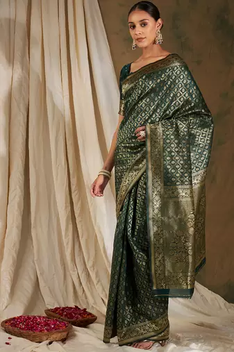 Mehandi color weaving work Banarasi silk blend saree with blouse