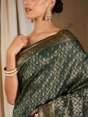 Mehandi color weaving work Banarasi silk blend saree with blouse 4