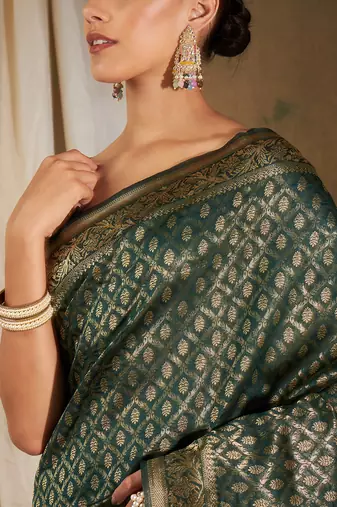 Mehandi color weaving work Banarasi silk blend saree with blouse