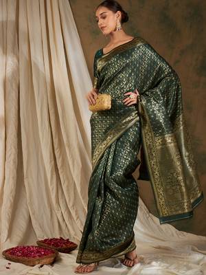 Mehandi color weaving work Banarasi silk blend saree with blouse 5