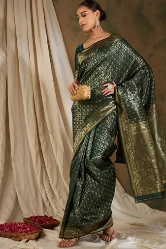 Mehandi color weaving work Banarasi silk blend saree with blouse