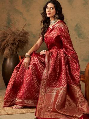 Red color weaving work Banarasi silk blend saree with blouse 1