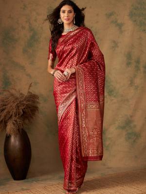Red color weaving work Banarasi silk blend saree with blouse 2