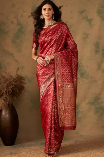 Red color weaving work Banarasi silk blend saree with blouse