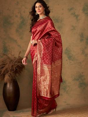 Red color weaving work Banarasi silk blend saree with blouse 3