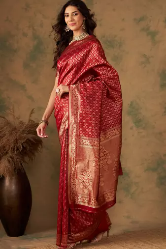 Red color weaving work Banarasi silk blend saree with blouse