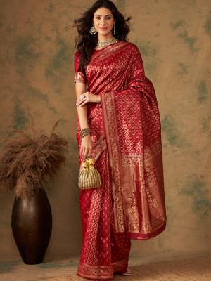 Red color weaving work Banarasi silk blend saree with blouse 4