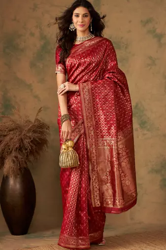 Red color weaving work Banarasi silk blend saree with blouse