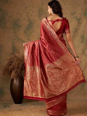 Red color weaving work Banarasi silk blend saree with blouse 5