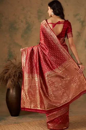 Red color weaving work Banarasi silk blend saree with blouse