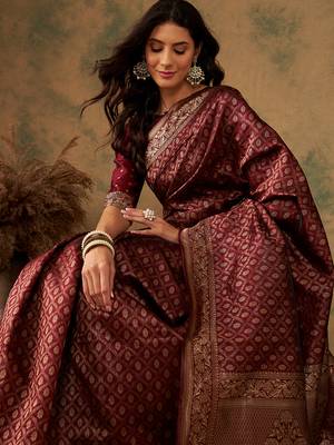 Maroon Color Weaving Work Banarasi silk blend Saree With Blouse 1