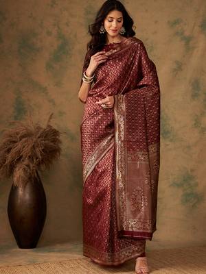 Maroon Color Weaving Work Banarasi silk blend Saree With Blouse 2