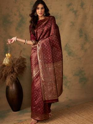 Maroon Color Weaving Work Banarasi silk blend Saree With Blouse 4