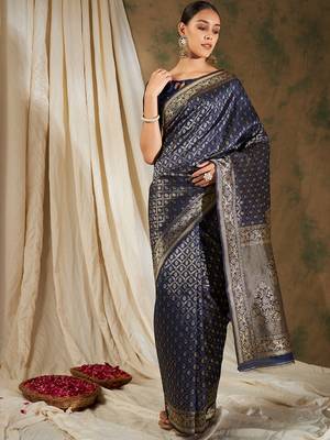 Navy Blue Color Weaving Work Banarasi silk blend Saree With Blouse 1