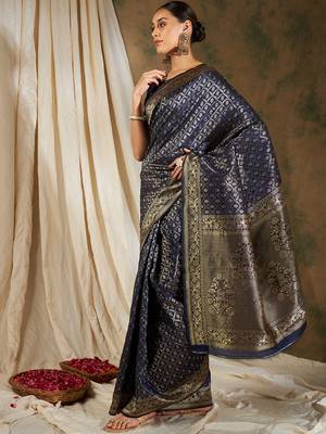 Navy Blue Color Weaving Work Banarasi silk blend Saree With Blouse 2