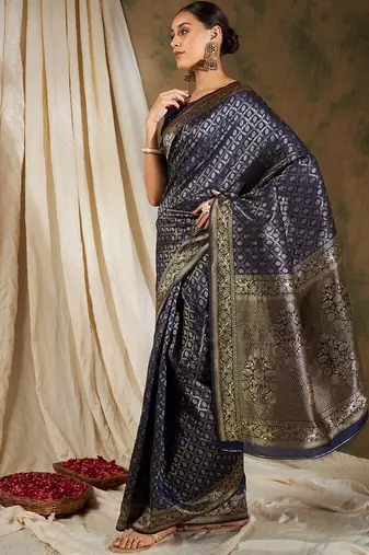 Navy Blue Color Weaving Work Banarasi silk blend Saree With Blouse
