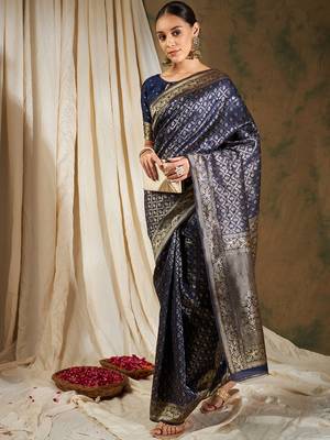 Navy Blue Color Weaving Work Banarasi silk blend Saree With Blouse 3