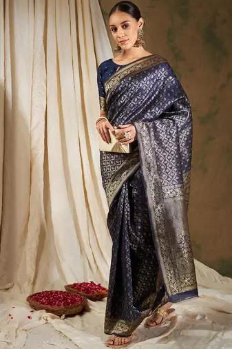 Navy Blue Color Weaving Work Banarasi silk blend Saree With Blouse