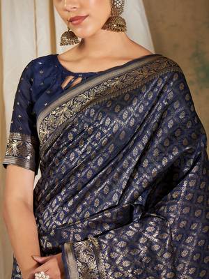 Navy Blue Color Weaving Work Banarasi silk blend Saree With Blouse 4