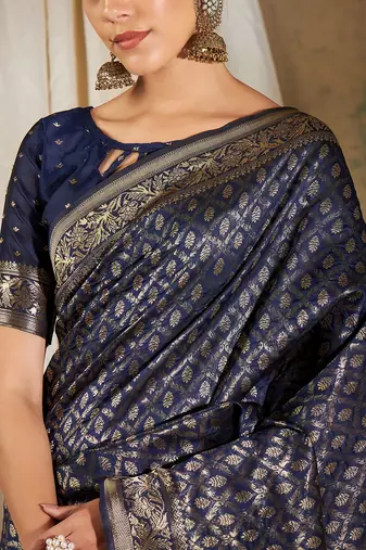 Navy Blue Color Weaving Work Banarasi silk blend Saree With Blouse